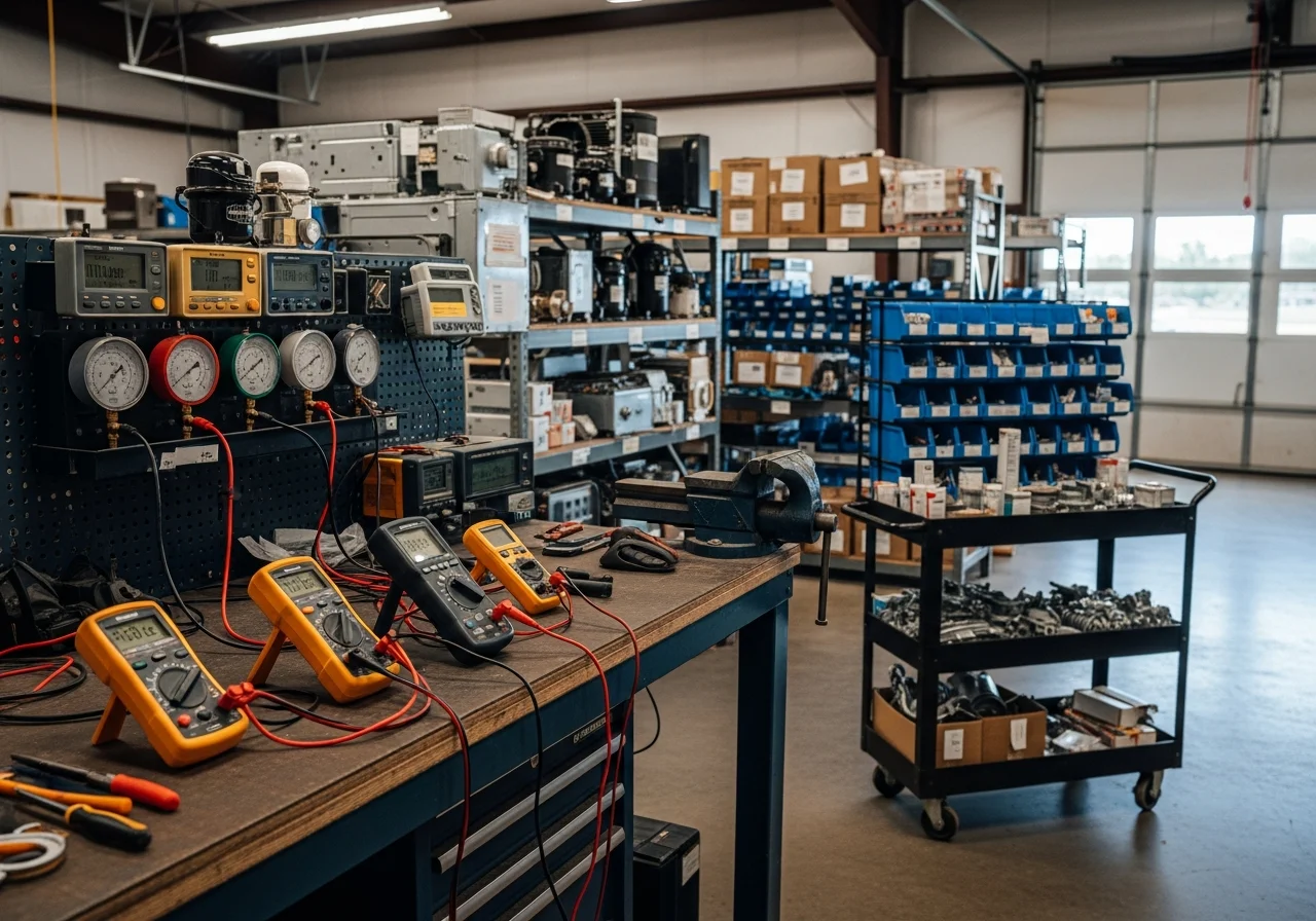 Appliance repair shop floor with tools, diagnostic equipment, and service technician workspace ready for repairs.