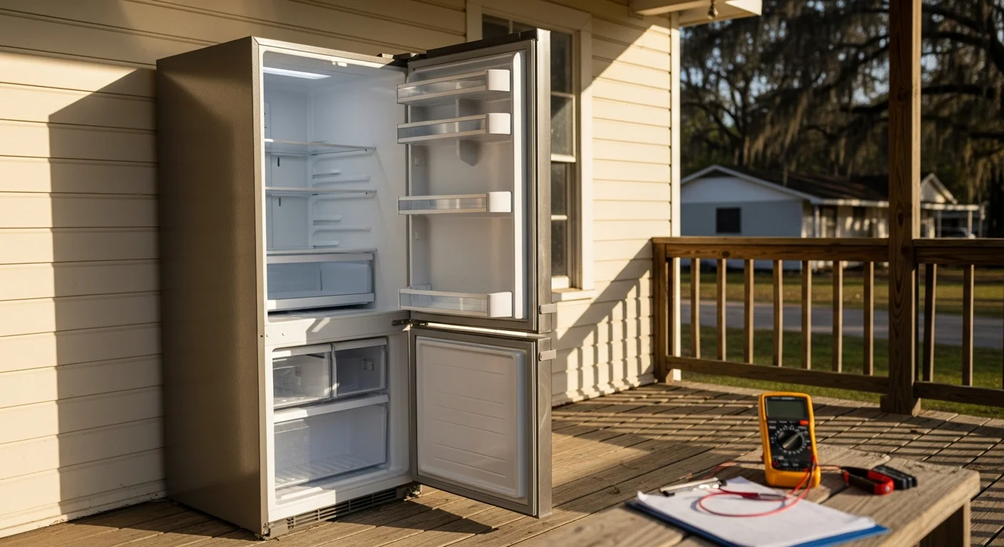 Technician repairing a refrigerator in a home kitchen