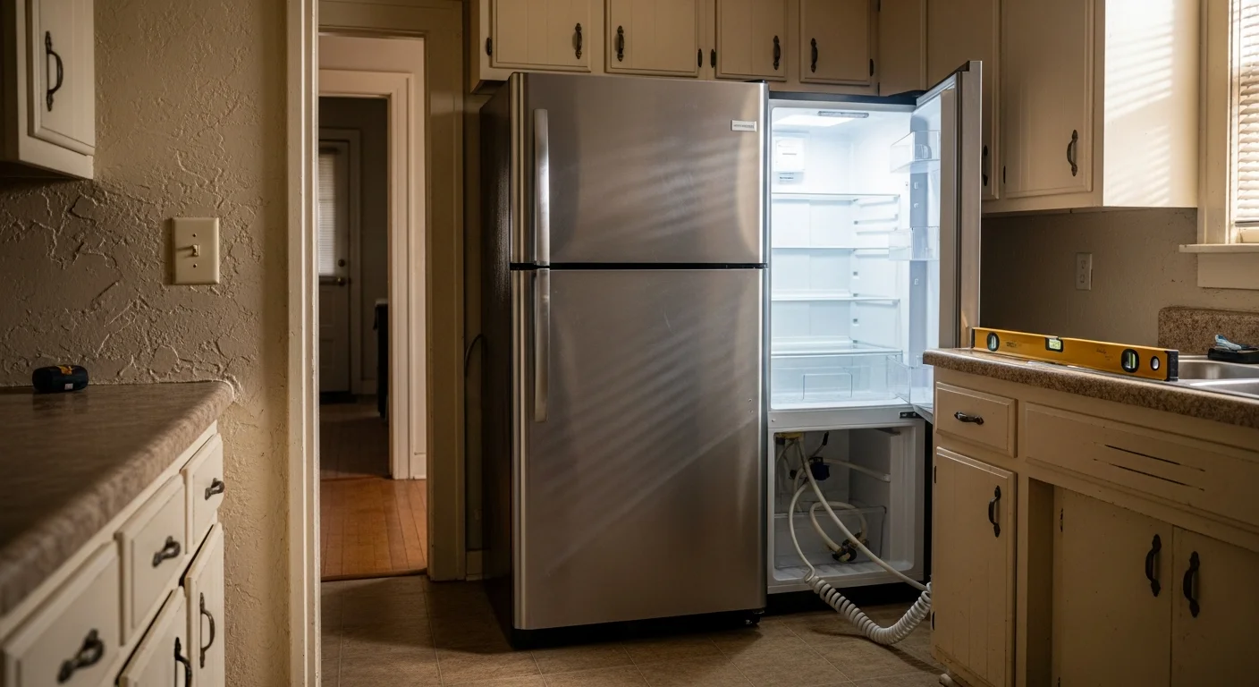 A technician from All American Appliance & Repair connecting a large kitchen appliance inside a Downsville, LA home. The appliance is positioned in its final location with utility hookups being secured.