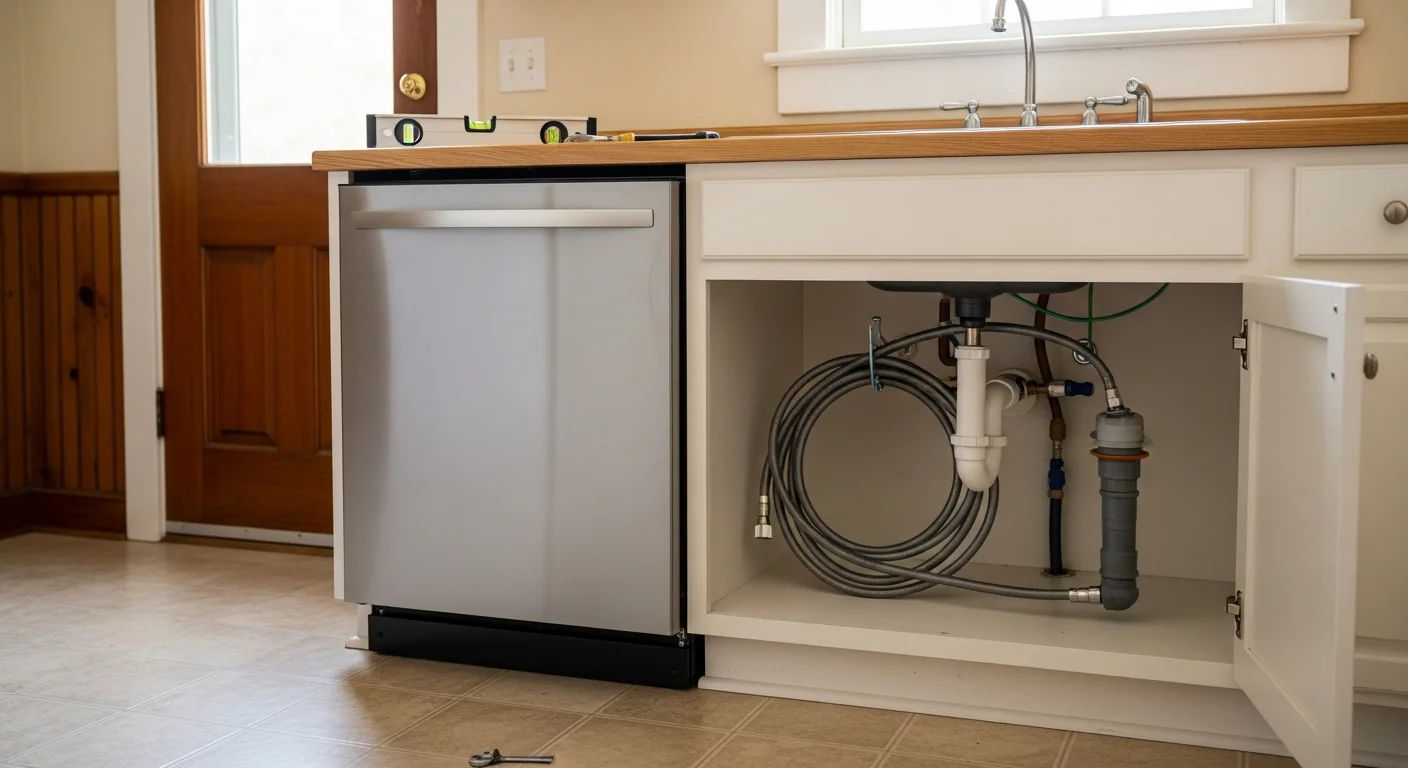 A newly installed built-in dishwasher fitted flush under the kitchen counter in a Downsville, LA home, with the door open and interior racks visible. A technician from All American Appliance & Repair checks the drain hose connection beneath the adjacent sink cabinet.