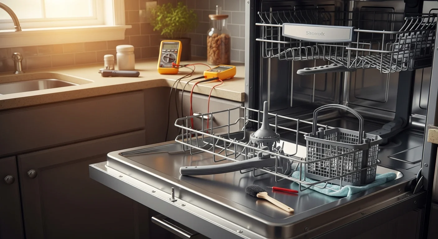 A technician from All American Appliance & Repair inspecting the spray arms and filter of a residential dishwasher during a maintenance visit in Downsville, LA. The dishwasher interior shows clean components after limescale and debris removal.