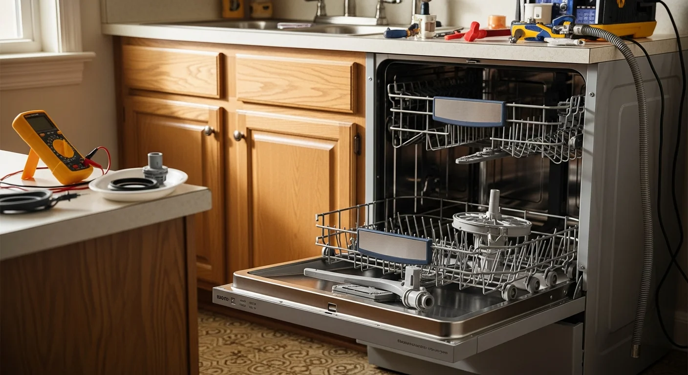A technician inspecting the interior components of a residential dishwasher in a Farmerville, LA home kitchen. The dishwasher door is open and the technician is examining the spray arm and drain assembly.