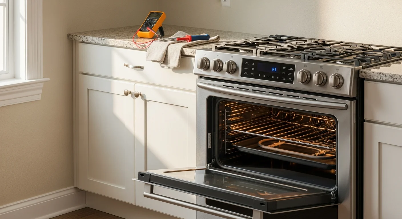 A technician from All American Appliance & Repair securing a freestanding gas range into position in a Downsville, LA kitchen. The installer is checking the connection and leveling the unit before final testing.