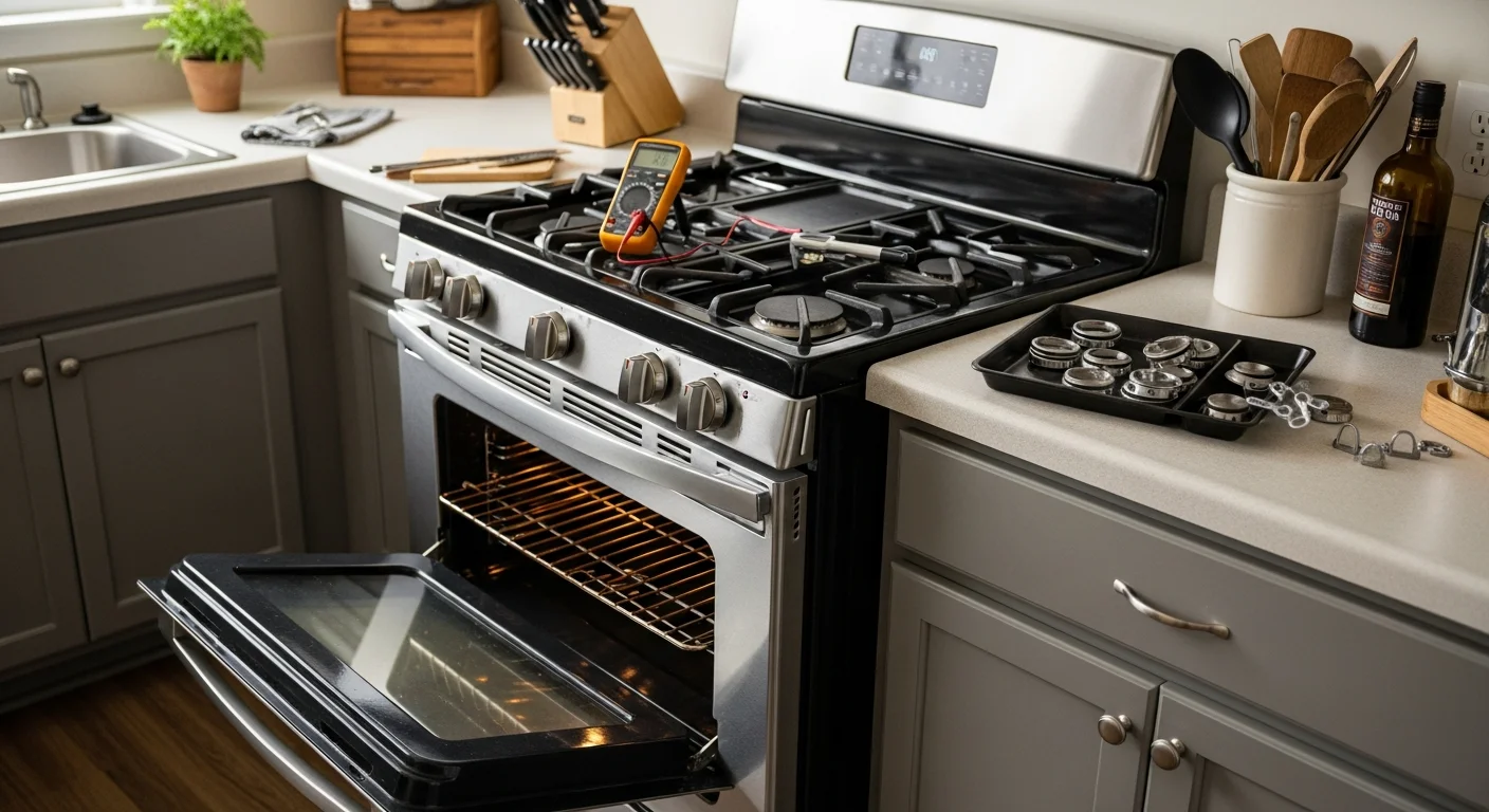 A technician from All American Appliance & Repair inspecting the burner assembly and door gasket of a freestanding gas range inside a Downsville, LA home kitchen. The stovetop grates are removed and components are laid out for cleaning and testing.