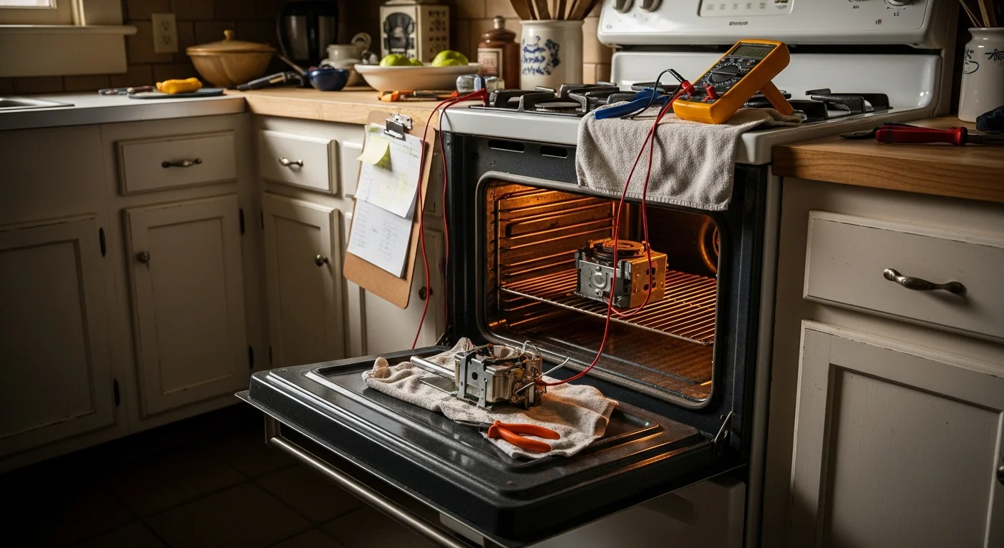 A technician inspecting the heating element and control panel of a residential oven in a Farmerville, LA home kitchen.