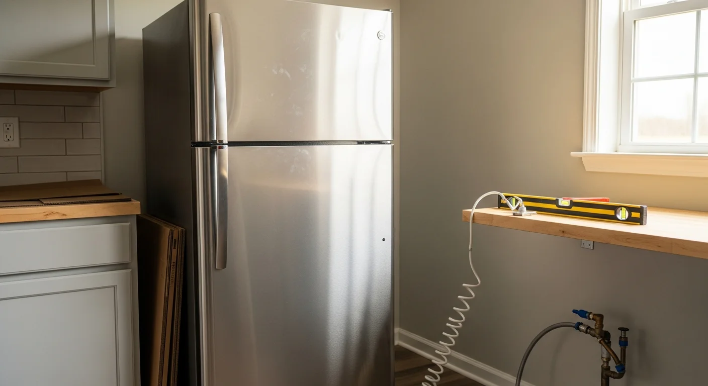 A newly installed refrigerator positioned flush in a kitchen alcove inside a Downsville, LA home, with doors fully open showing clean interior shelving and a connected water line visible at the rear.