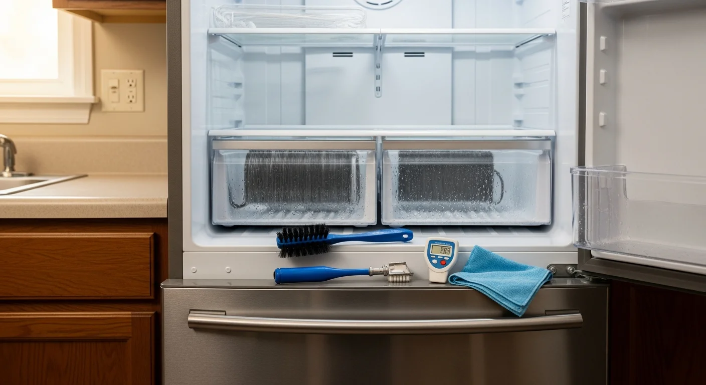 An appliance technician inspecting the condenser coils and door gasket of a residential refrigerator in a Downsville, LA kitchen. The technician uses a handheld tool to check components during a routine maintenance visit.