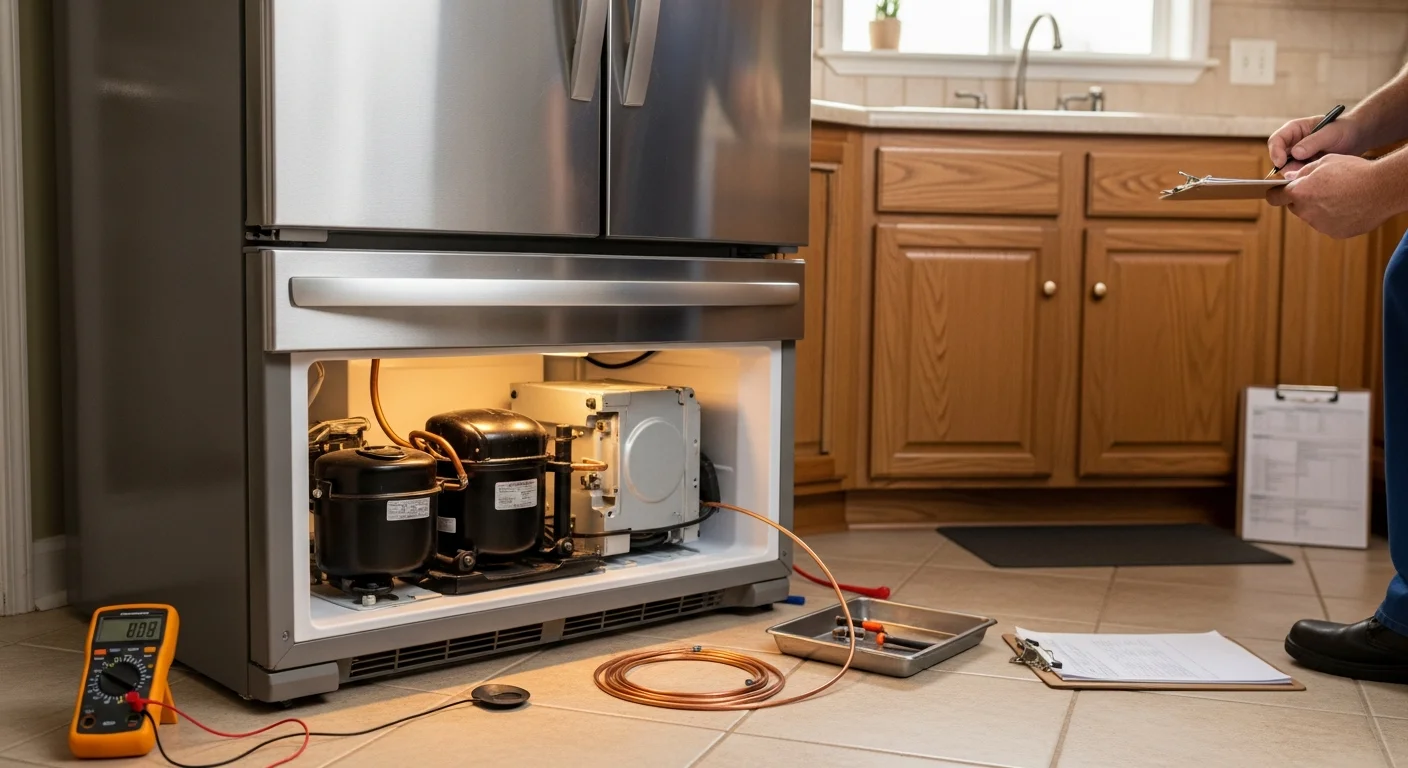 A technician inspecting the condenser coils and door gasket of a residential refrigerator inside a Farmerville, LA home kitchen. The refrigerator door is open and repair tools are visible on the counter nearby.