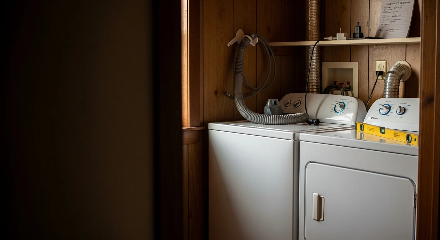 A technician from All American Appliance & Repair leveling a newly installed washer and dryer in a laundry room inside a Downsville, LA home. The units are connected to wall hookups with hoses and a vent duct secured to the exterior wall.