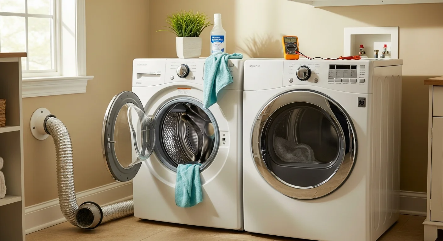 A technician from All American Appliance & Repair inspecting the dryer vent and drum seal inside a residential laundry room in Downsville, LA. The image shows maintenance tools, a cleaned lint trap, and an open dryer door during a routine service visit.