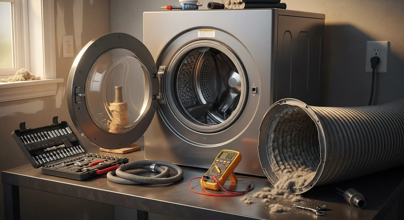 A technician from All American Appliance & Repair inspecting the drum and belt assembly of a residential dryer inside a Farmerville, LA home laundry room. The appliance panel is open and repair tools are visible on a nearby surface.